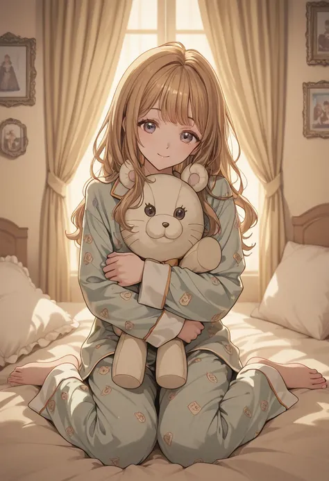 "Generate an image with a retro aesthetic of a girl in pajamas embracing a classic plush toy in a room decorated with vintage elements. Use a palette of warm colors and soft textures to highlight the nostalgia and sweetness of the moment."




