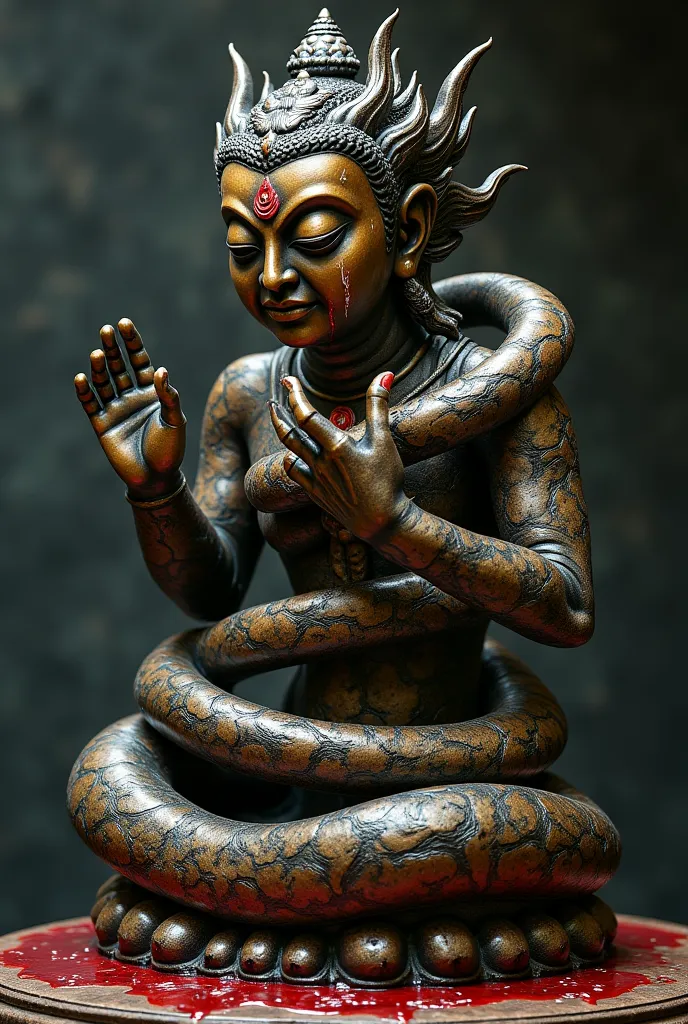 corrupt bodhisattva with the body of an  and dozens of limbs making twisted mudras, bronze statue, crying blood