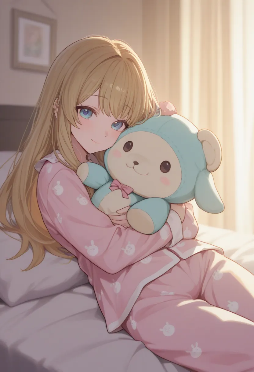 "Create a watercolor painting showing a girl in pajamas embracing a stuffed animal, with soft and blurred colors.  The scene transmits peace and tenderness , in a room illuminated by a soft, warm light,  evoking a dreamy environment .