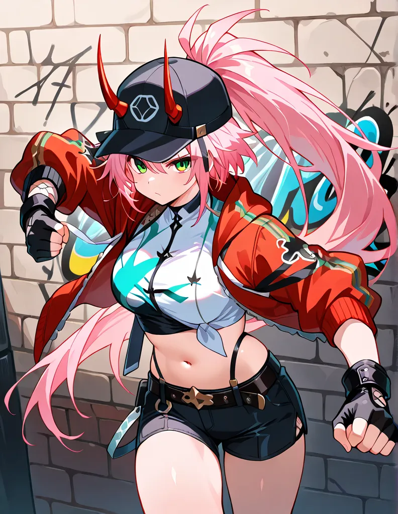 score_9, score_8_up, score_7_up,  source_anime, hidden hair, Alone, pink hair near MM, ponytail, long hair, green eyes,  above Decorati has , baseball cap, False horns, red jacket, Open Jacket, shirt with tie, midriff,  fingerless gloves , belly button, 黒い...