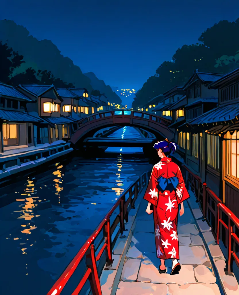 Katsuragi Misato，Red yukata， Outfit，riverside walkway， night