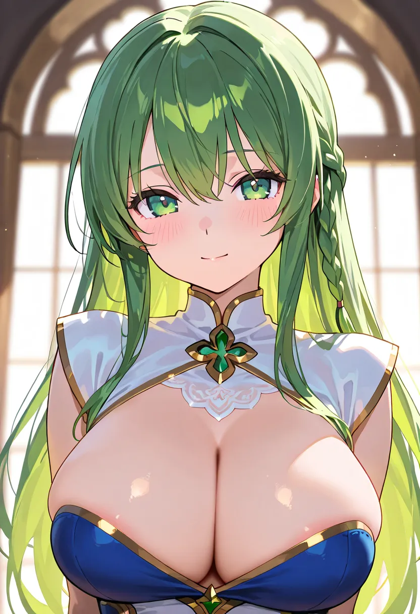 (high quality), solo, front view, green hair, long hair braided on one side, big tits, priestess outfit