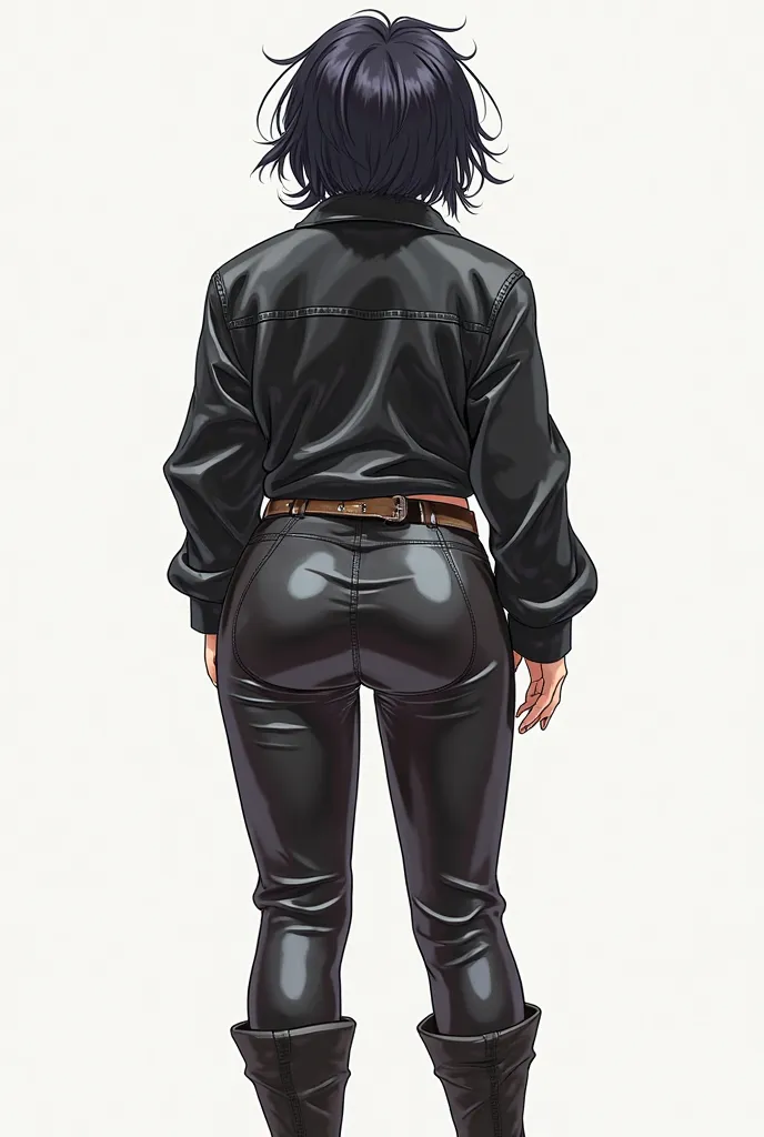  anime character from back, single character from back, leather pants, belt, tight high boots, androgynous, boots, posing for a picture, black shiny leather, bellybutton, tousled boyish hair, crotch, wearing glasses, little chubby, Anime character, plus-si...