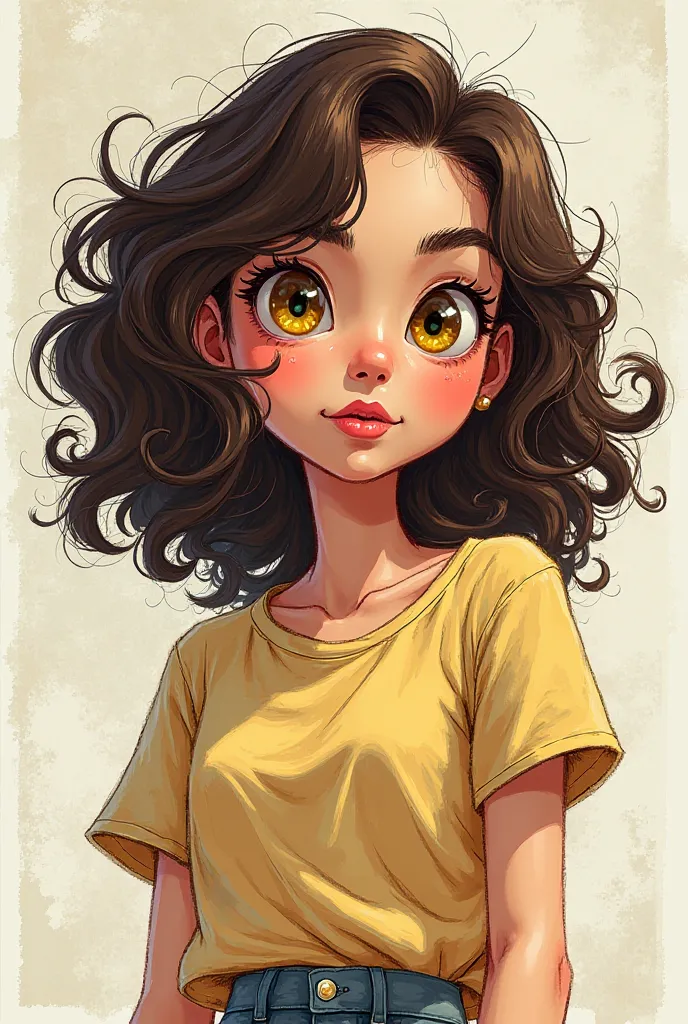 Drawing of a brunette woman with yellow eyes, curly hair, comic or cartoon style, loose clothing, casual background, not realistic