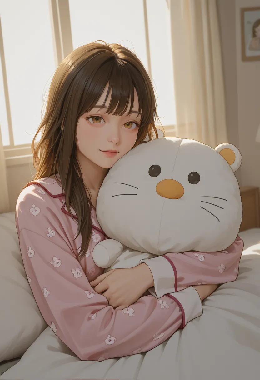 "Generates a photorealistic image of a girl in pajamas, with a tender and relaxed expression, hugging a stuffed animal in her room. The soft morning light filters through the window, highlighting the warmth and intimacy of the moment."

