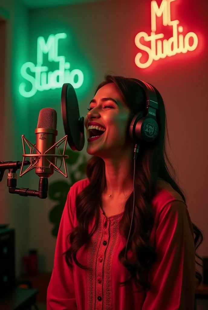 A Pakistani female is standing in a professional recording studio. He is wearing traditional Pakistani dress She has a warm and expressive facial expression, as if passionately sing a song. She is wearing professional headphones and singing into a high-qua...