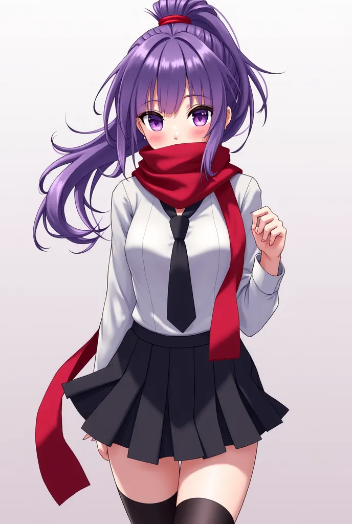 Sai is a pale young woman with purple hair jellyfish style, tied in a high ponytail with a mini rope red. Your purple dark circles and rosy lips, She wears a red eyeliner, She wears a Japanese uniform and a black sock that goes up to her thighs , black ski...