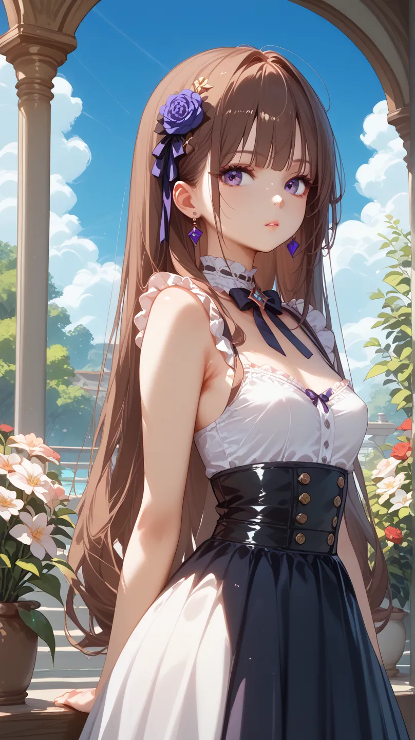 Alone, girls、masterpiece、top quality、anime touch、expressionless、looking at the camera、flower garden、blue sky、Reddish brown hair、long hair、Twin Tails、purple eyes、Black Punk Lolita、 slender、 small breasts