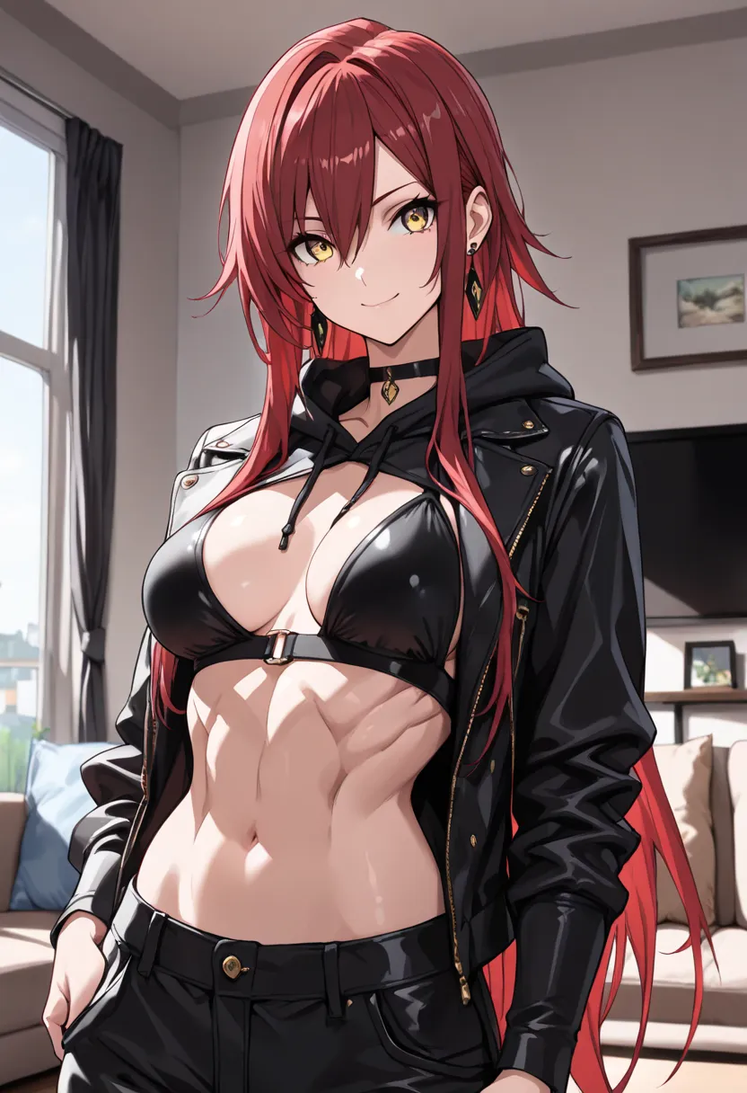 masterpiece, 8k, best quality, highres, ultra detailed, HDR, detailed beautiful face and eyes, front view, upper body, standing,  1girl, solo, golden Eyes, red Hair, very long sidelocks, long hair, hair between eyes, handsome, sexy girl, muscular, cool, hi...