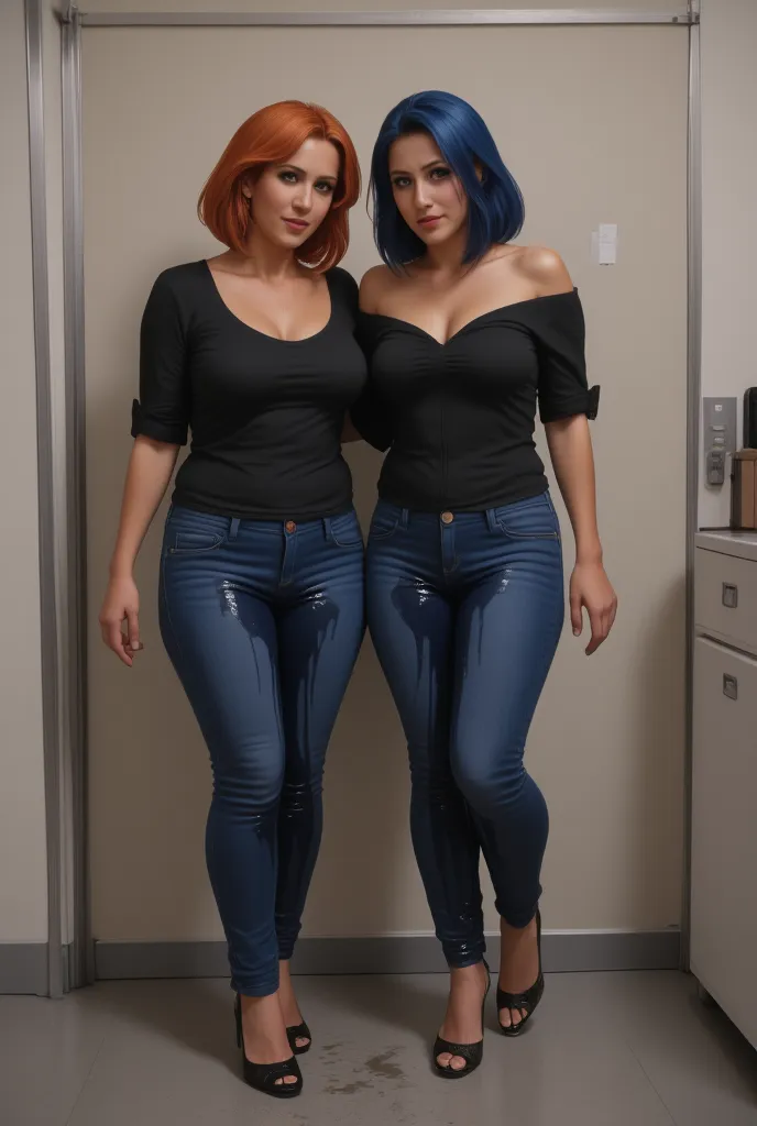 big smile, two short voluptuous auburn hair women standing in an office, blue eyes, long straight hair, dark blue skinny jeans, low cut black blouse, high heels, wetting, shoes wet  with pee, lower legs of jeans soaked in pee, pee stains gleaming wet, pee ...