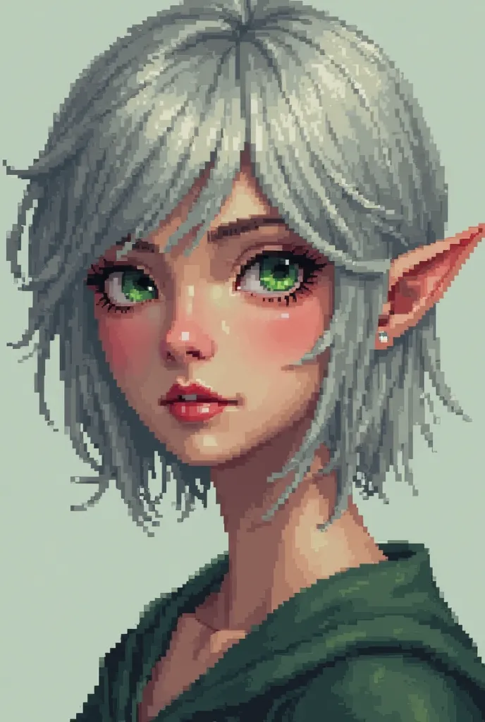 Woman, elf, short gray hair, green eyes, pixel art 