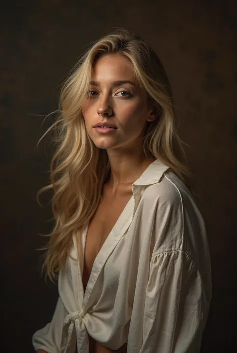 Studio portrait of a woman, late 20s, with blond hair, cascading down her back, slightly smiling. A thoughtful, contemplative expression. She wears a simple, low-cut blouse. slightly off the shoulder, draping loosely over her frame. The pose is a three-qua...