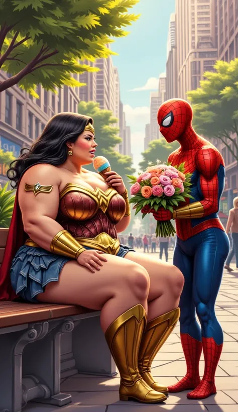 " Wonder Woman, still wearing her classic gold and blue armor, but now slightly overweight, sitting on a bench eating a large ice cream,  with a satisfied smile on his face . Her body is bulkier, but she maintains her presence strong and confident. In fron...