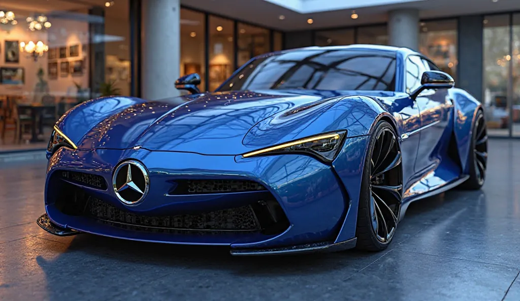 Create a 3d render  car design ( left ) end of (2025 Mercedes-Benz Mythos SL) with ( left ) end view  (left )  clour with a Mercedes-Benz” written on ( Blue). and. Headlights “in pure glossy yellow with ultra detailed glossy shining image captured from ( l...