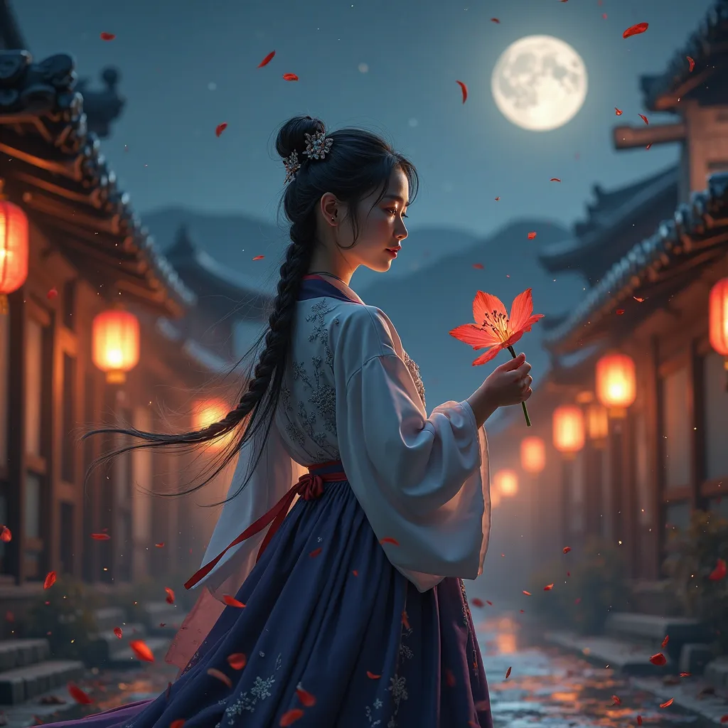 An epic scene depicting a Korean schoolgirl in a traditional hanbok, standing heroically on a mystical, moonlit street in old Joseon-era Korea. She wears a flowing jeogori (jacket) and a billowing chima (skirt) in deep navy with intricate silver embroidery...