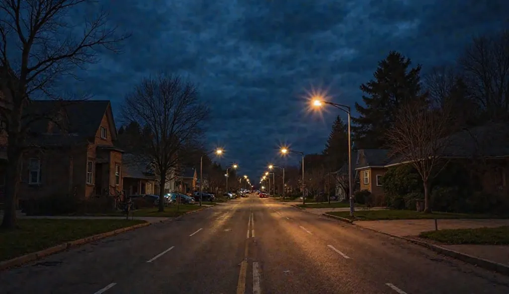 "A peaceful, ordinary night scene. The sky is dark with a few scattered clouds, and streetlights cast a soft glow on the quiet city streets. There are no people in sight, just empty roads and buildings with lights on in the windows. The mood is calm and se...