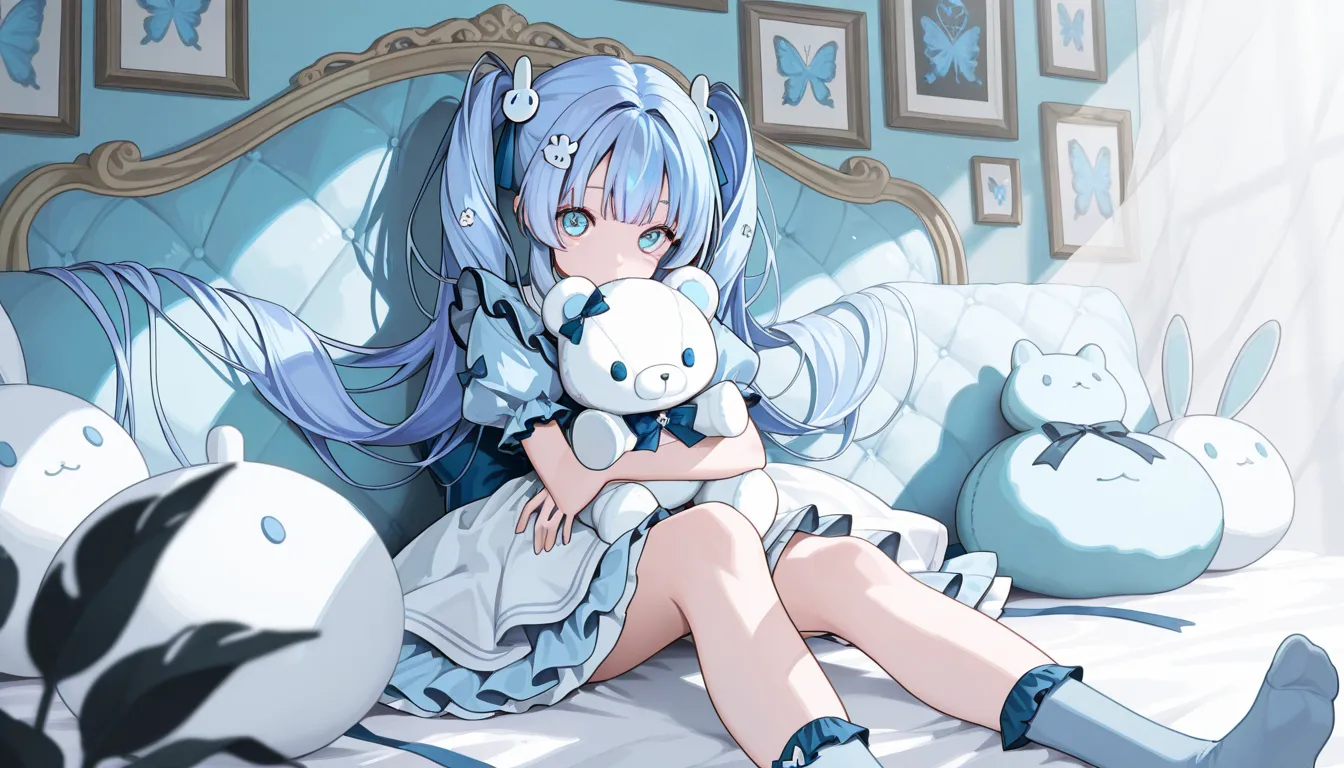 1girl, long hair, solo, twin tails, stuffed toy, stuffed animal, dress, hair ornament,  sitting, socks, blue eyes, blue hair, holding stuffed toy, puffy sleeves, looking at viewer,