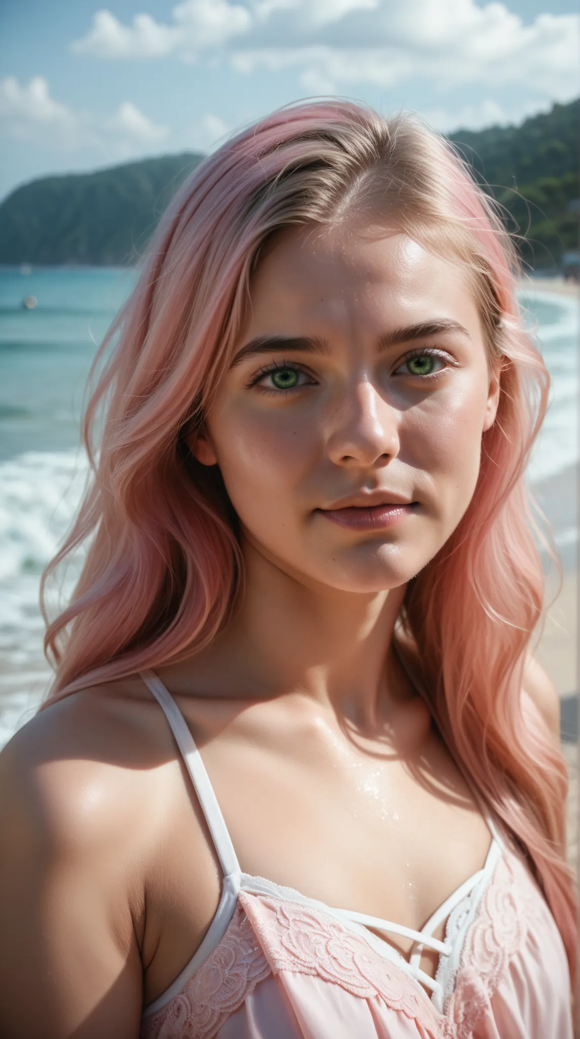 ((best quality)), ((ultra res)), ((photorealistic)), (intricate details), 19 years old, soft pink hair, perfect face, make up:1.5, light on face, face detail, at the beach, long hair, green eyes 