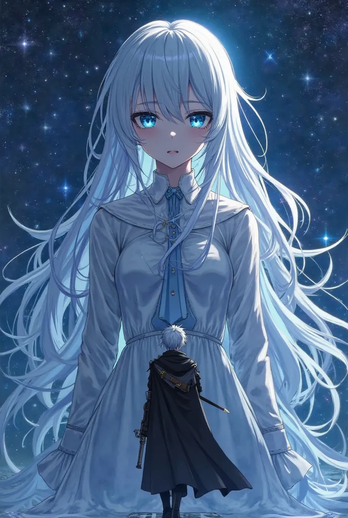 anime: A beautiful white blond girl with a human appearance and blue eyes That is reflected in the starry sky. On the floor a young man in a black cloak and attractive Gothic walks forward with a gun in one hand and with a sword in the other 