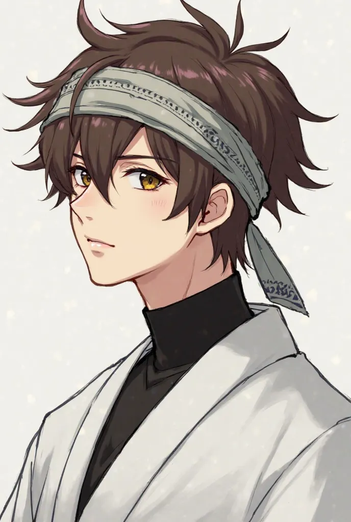 A man with a mature but young appearance, brown hair like his eyes and with a bandana that covers the top of his head completely. His messy but at the same time slightly arranged bangs on his face, leaving his eyes slightly visible. He has a white kimono t...