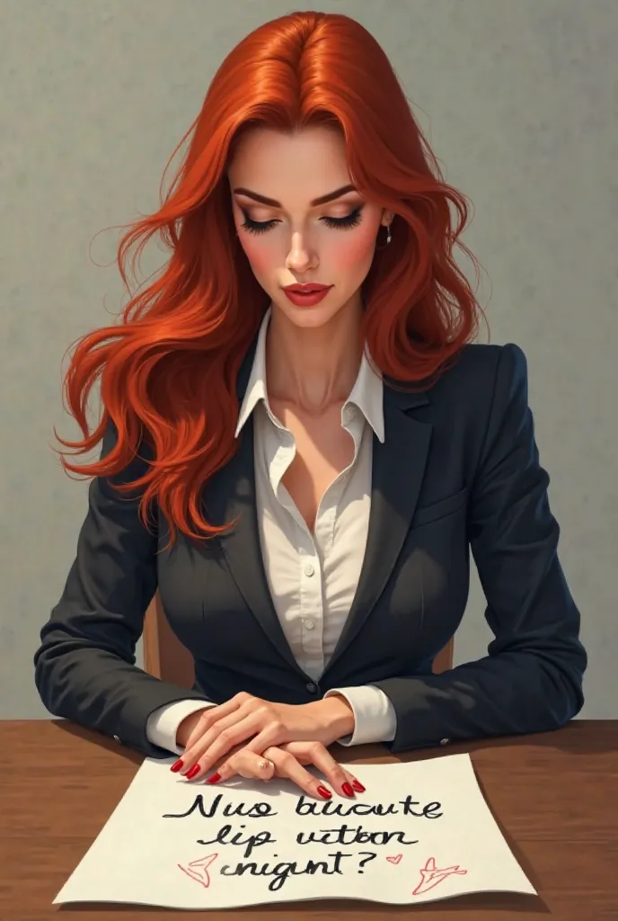  Long-haired red-haired woman dressed as a businesswoman sitting at a table with a sign written by Mrs. Ruivinha 