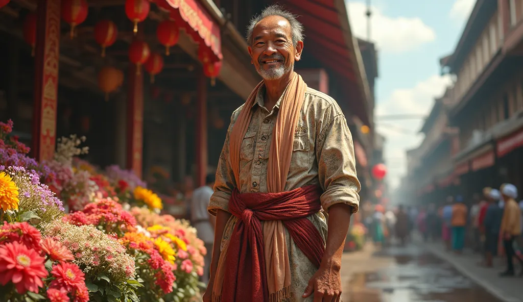 The transformed beggar stands proudly in front of a beautifully decorated flower stall at the station. The scene combines bright, inviting colors with intricate Thai motifs, symbolizing his newfound success.