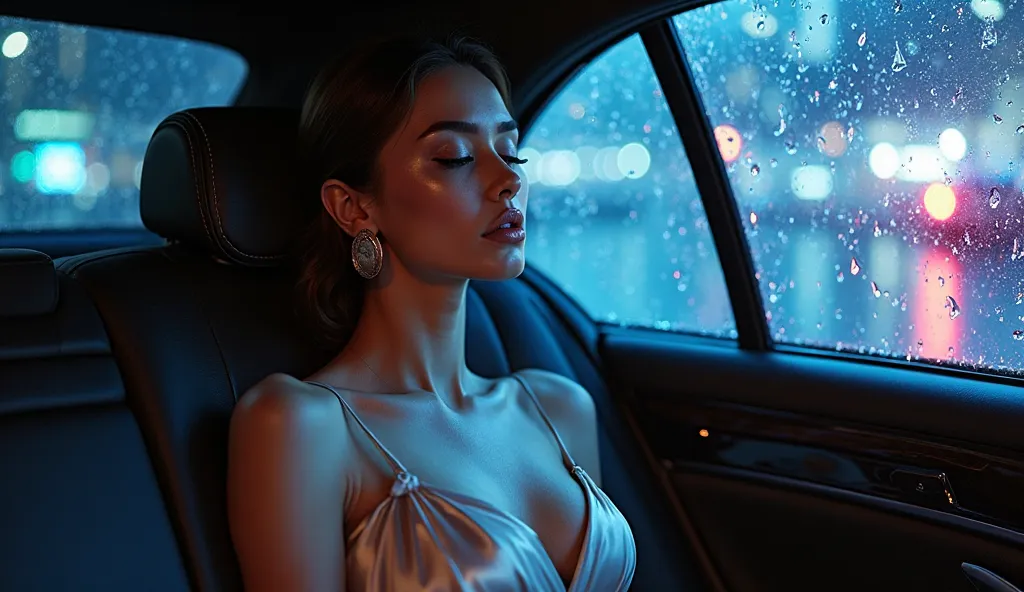 A sophisticated woman, dressed in a delicate champagne-colored silk dress, sleeps soundly in the backseat of a high-end luxury car as heavy rain pours relentlessly outside. Raindrops race down the glass, distorting the flickering neon lights in shades of b...