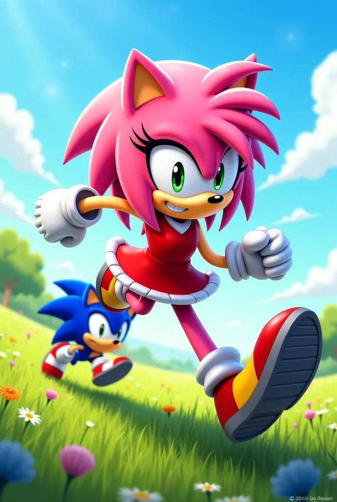 Amy Rose beating Sonic to the punch