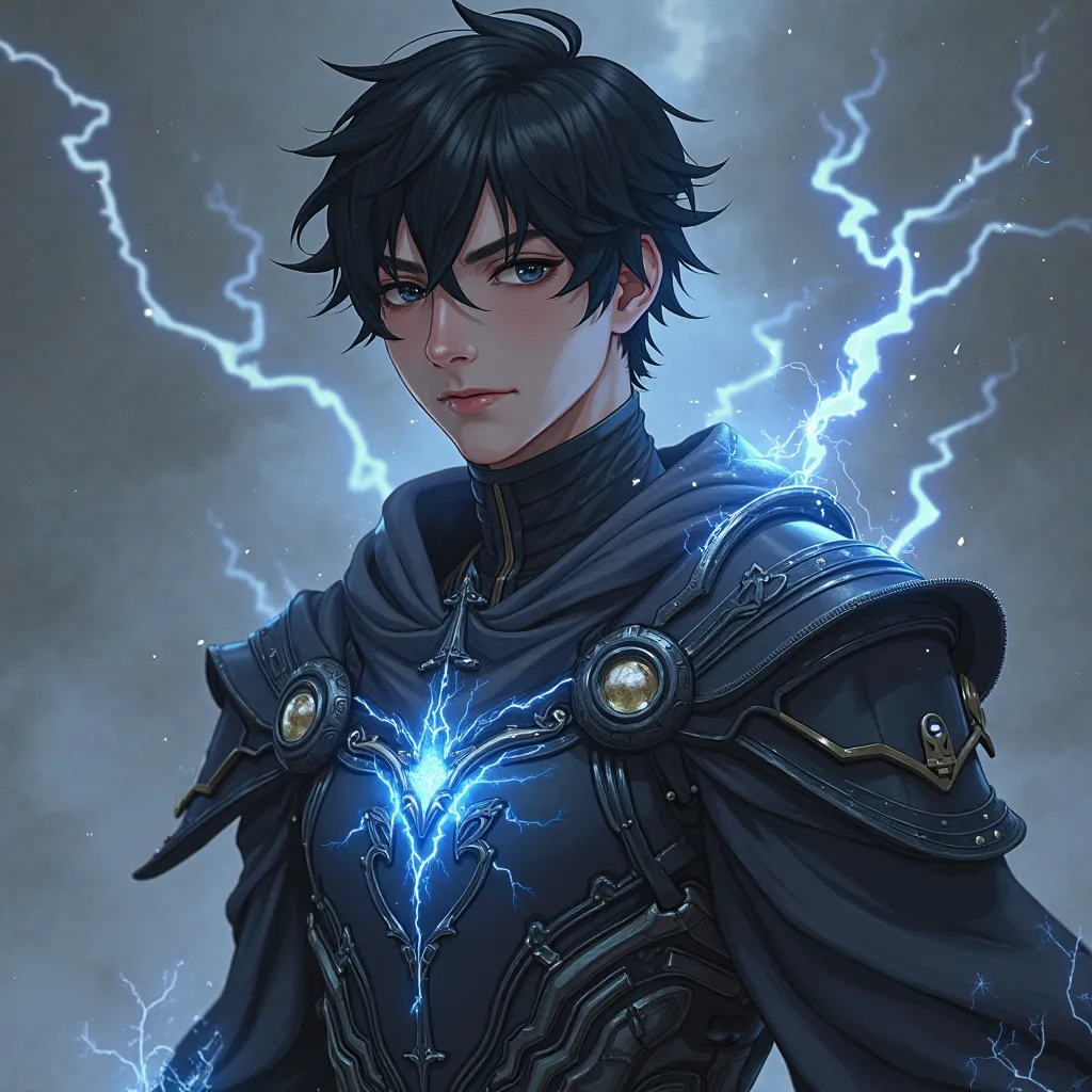 make me a realistic  18 years old man with a black hair and black narow eyes he is wearing a for uper body is Storm-Forged Chestplate – A blackened steel chestplate with silver lightning veins running across it, pulsating like real thunderbolts when Knite ...