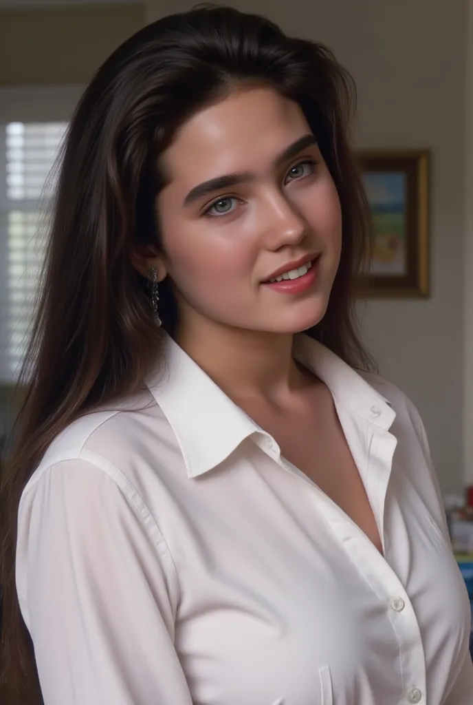 ゆったりした白いブラウスを着たfresh smileの愛らしい美少女、fresh smile, age Jennifer Connelly、no makeup、Light-colored eyes、Picture taken from the side、Adorable beautiful girl with a fresh smile wearing a white cutter shirt looking sideways into the distance、 I'm slanted 、A wide-a...