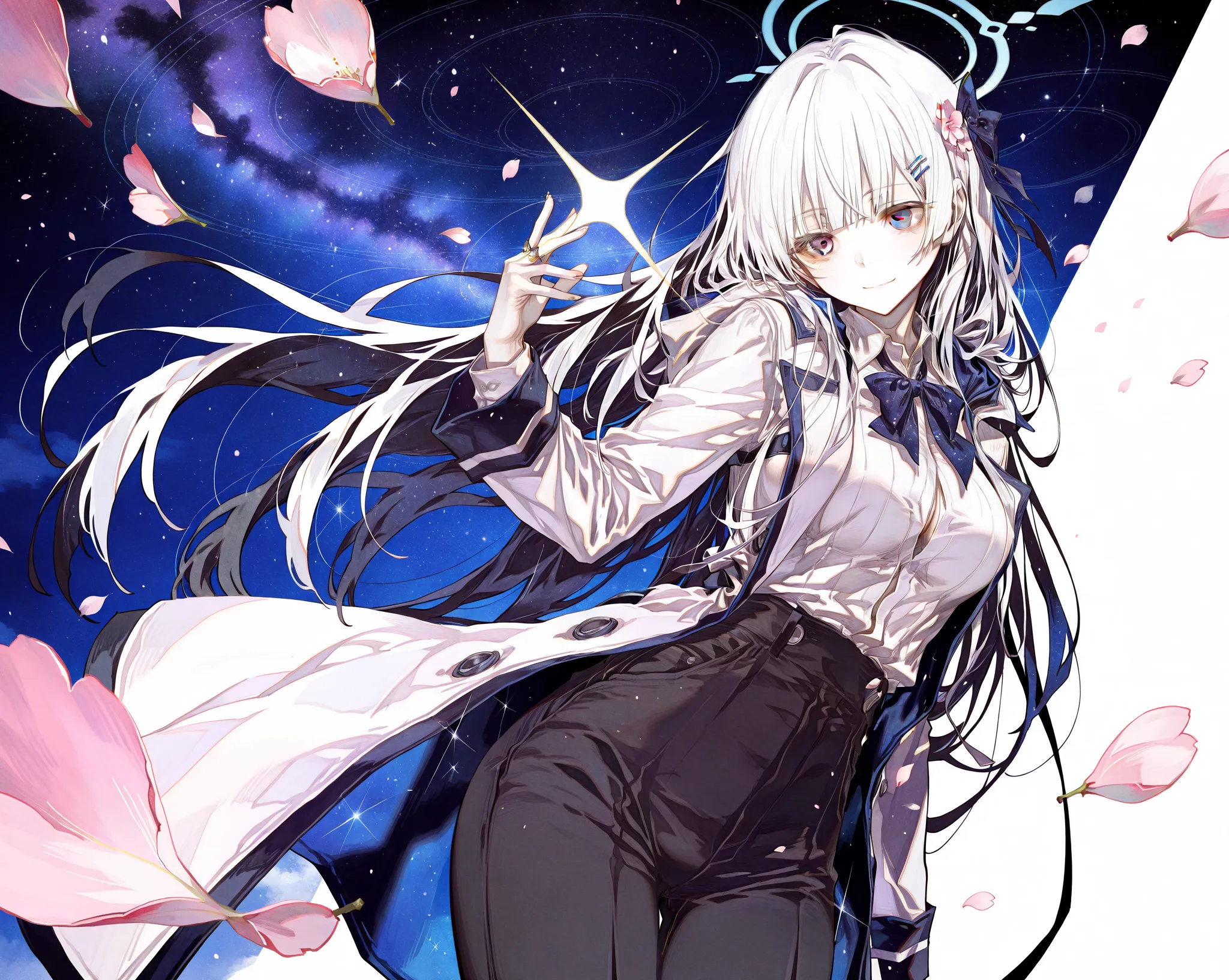 Her long hair was as white as the stars in the night, her two-colored eyes shone like there were endless dimensions, her clothes were clean and elegant, and her perfect attire gave off an uncontrollable sense of mystery and power. source_anime, Hitoimim, c...