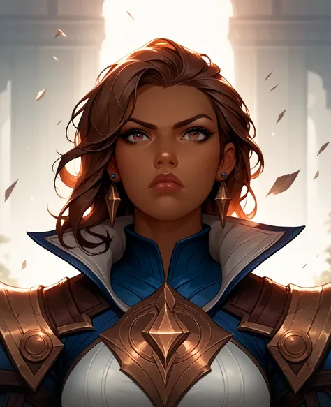 "Anime Arcane league of legends female character look style , Brown Skin girl, Sharp eyes, Beautiful,Slay character, serious character,cool character, post , full body ,  shot , straight front view, earring,in the frame , dynamic pose ,cool character"