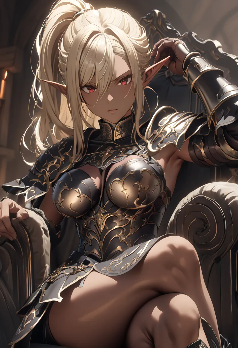 (top quality、Detailed Images、Beautiful images、official image)、((Medieval period、Arena ))、(model body type、White-blonde hair、 Asymmetric Bangs 、ponytail hair、pointed ears、big breasts、red eyes)、( brown skin:1.5)、(expressionless)、( ergonomic body 、 ergonomic ...