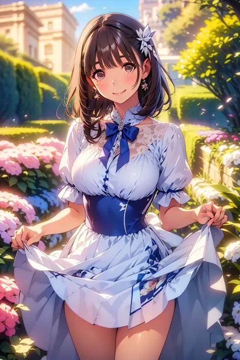  masterpiece, 7,  high quality, alone, ,Nene Kasaki々, Viewer,  shortcuts,   hair,  brown eyes,  Big Breasts,(peak princess dress)  , ,palace, garden, smile,((Curtsey)),(skirt lift),tiara,(Royal Palac)