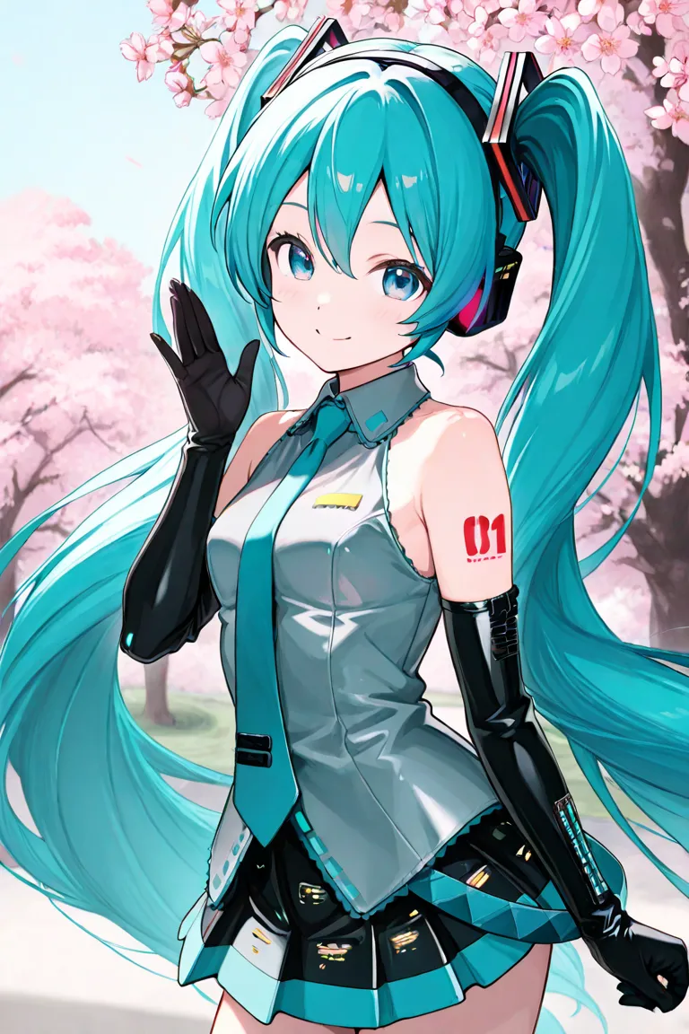 1 girl, vocaloid ,Hatsune Miku,Turquoise Blue Long Twin Tails,Blue Eyes,miniskirt,tie,headphones,sleeveless,black arm covers,black leather gloves,pretty girl,cute,innocent smile, Sakurabuki,Cherry blossom trees,spring