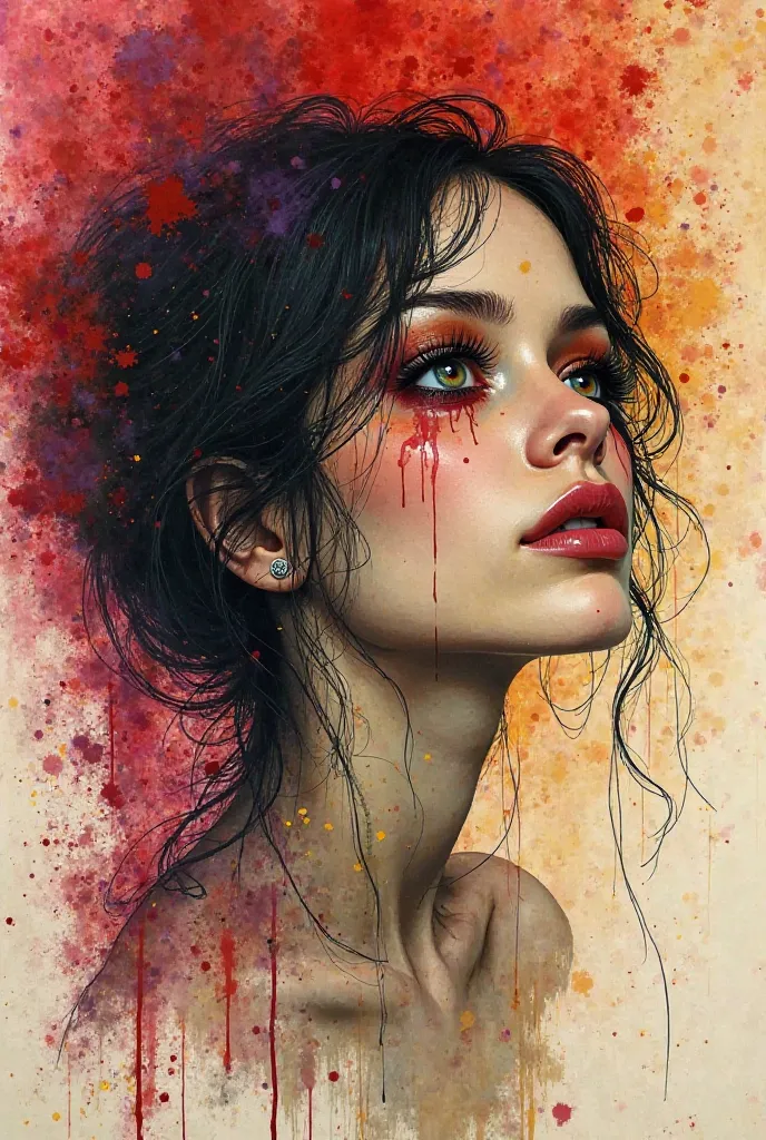 Vintage gothic melancholic expressive ink and watercolour splashes sketch conveying emotion with delicate and bold whispering strokes.  Rich reds, yellows, purples and golds with effervescence and darkness, a character female with eyes open evoking a sense...