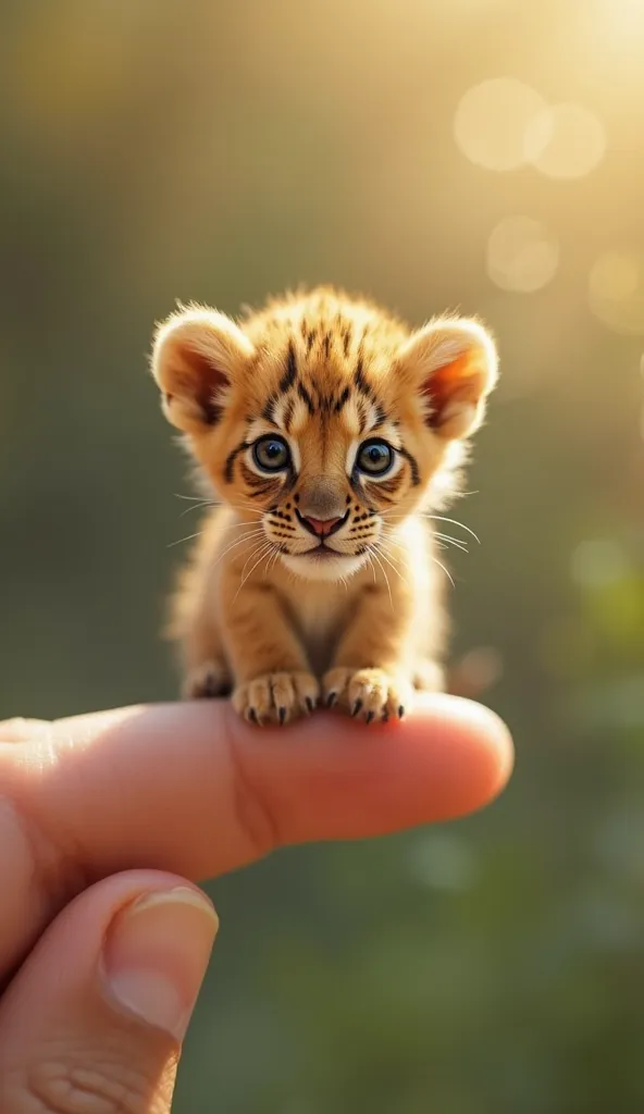 'An impossibly cute tiny lion cub perched on a human fingertip. The cub, no larger than a thumb, is gently cradled by the finger before the thumb, which supports it securely. The cub gazes directly at the viewer with wide, expressive eyes, its soft golden ...