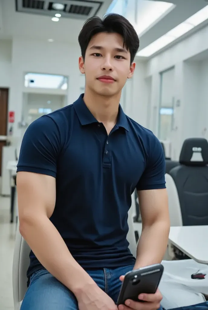 car interior portrait Korean man, short hair , dealership, he wore a navy polo with short sleeves. ,Inside the BMW look to camera