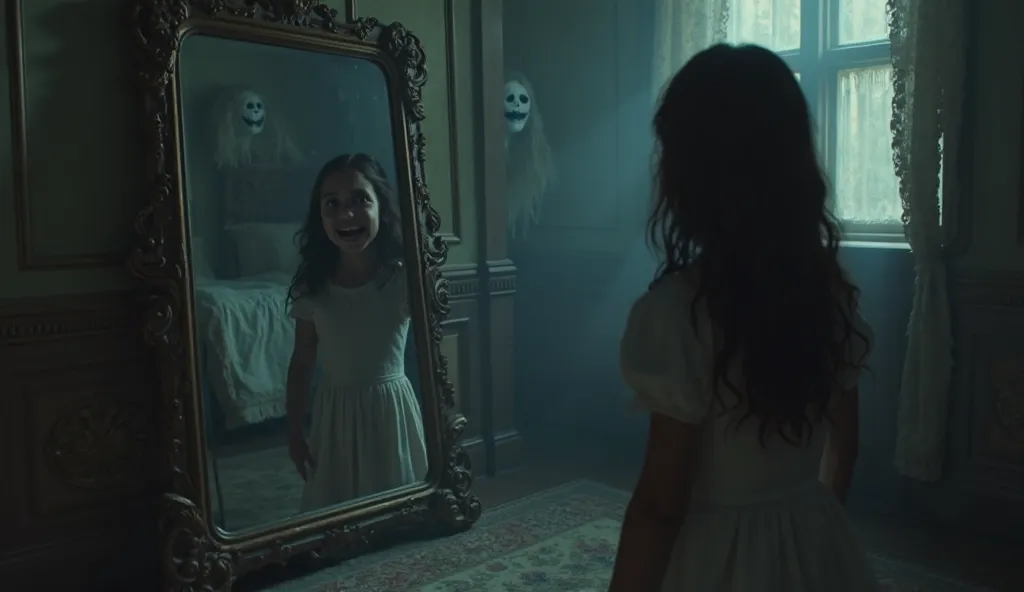 

"A dark and eerie bedroom with a large antique mirror standing against the wall. The reflection in the mirror does not match the girl standing in front of it. The real girl looks terrified, frozen in fear, while her reflection smiles unnaturally, with de...