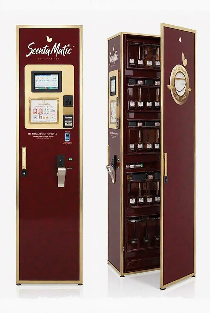 ScentaMatic perfume vending machine, showing both external and internal views. The exterior has a glossy maroon red and gold steel finish with a touchscreen, payment slot, and dispensing nozzle, while the internal structure includes perfume storage, electr...