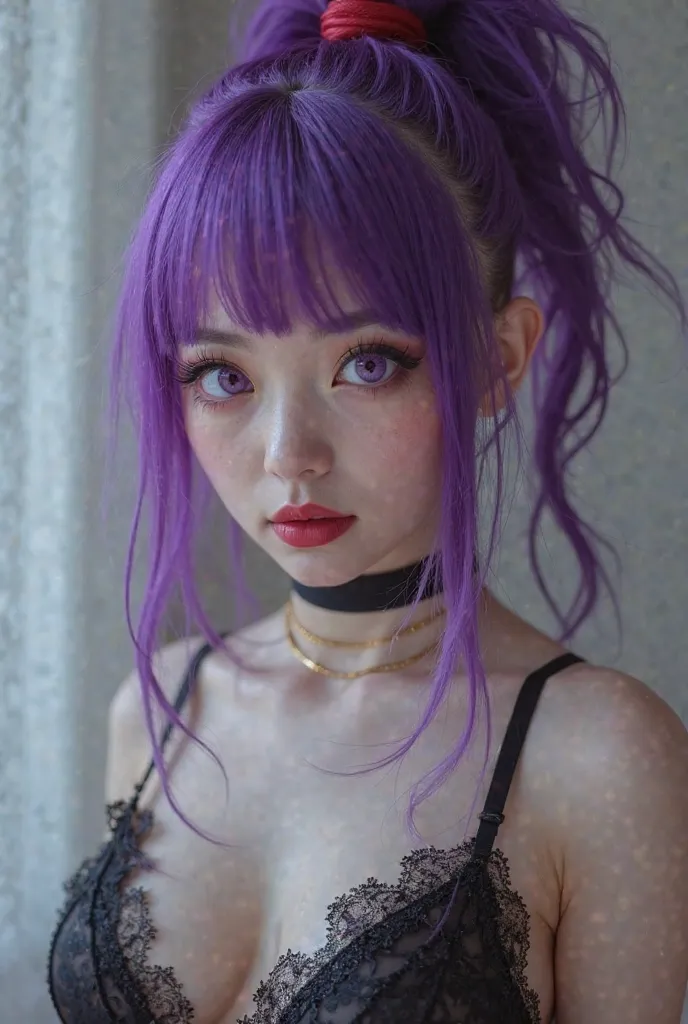 Sai is a pale young woman with purple hair jellyfish style, tied in a high ponytail with a mini rope red. Your fringes are curtain bangs, Your purple dark circles and rosy lips, She wears a red eyeliner, sexy black bra and sexy black panties, hot and prett...