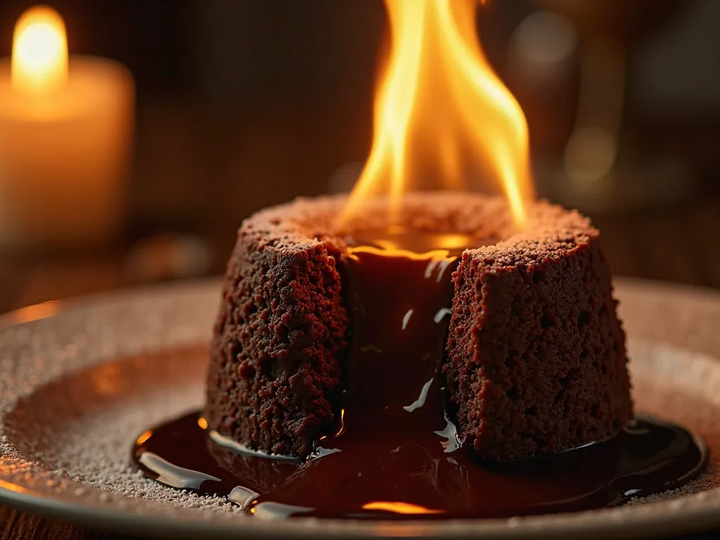 A decadent chocolate lava cake served with a flaming garnish, enhancing the rich aroma and indulgent presentation. As the flames flicker, the molten chocolate slowly oozes out, creating an irresistible and visually striking dessert. The blurred candle-lit ...