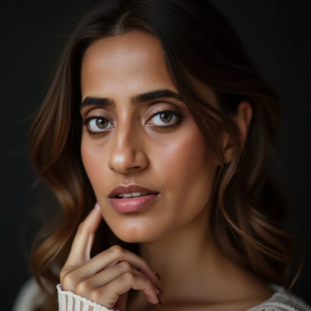 A close-up portrait of a woman with a captivating expression and detailed makeup.
The composition focuses on the woman's face and upper body, with her head angled slightly towards the viewer, creating a direct connection. The lighting highlights her facial...