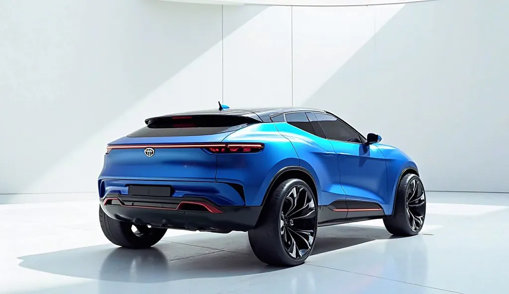 A stunning, futuristic Tata harrier 2025 takes center stage in a luxury white showroom. The vibrant (blue white black) exterior gleams, drawing attention to its sleek, aerodynamic design and bold accents. The (back) view showcases the cutting-edge innovati...