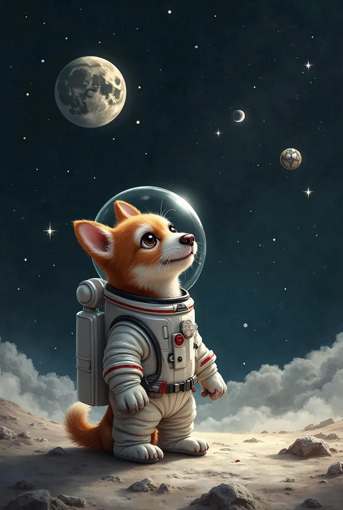 A cute dog or cat in a spacesuit, looking up at the moon with a coin (or PAWS logo) floating nearby.