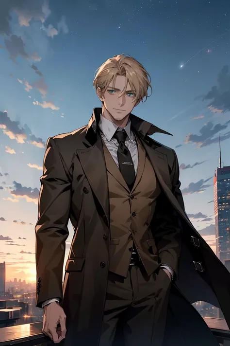 (Confused, High resolution, Very detailed), Masterpiece, top quality, adult,dark coat,suit,dawn sky, dull blond man,green eyes, stocky, tall, stubble, facial hair, muscular neck, adult,40 years old, stargazing on roof top,subdued smile, reticence