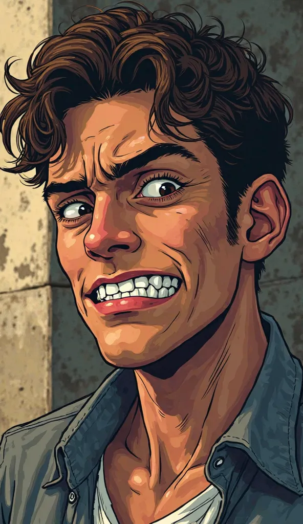 Create a very high quality image, in drawing, old comic book style, GTA6 style: Face of a young man with a disgruntled smile on his mouth and a deep sadness in his eyes, an image with lots of details, blurry background