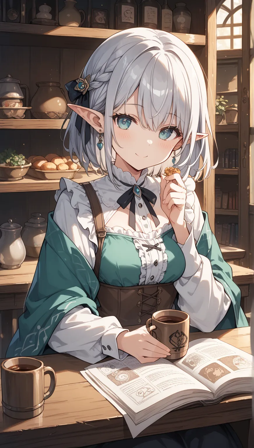 Anime style, a beautiful silver-haired elf woman and a beautiful black-haired witch are smiling and drinking coffee from mugs in a cafe in an otherworldly fantasy world. The interior of the cafe has a medieval European atmosphere and is very old-fashioned....