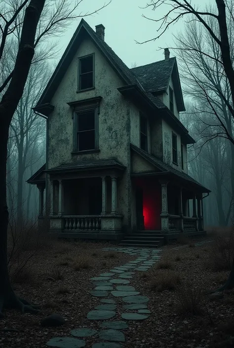 A dark, abandoned house deep in a forest, decaying and falling apart. The house is surrounded by twisted trees and an unsettling atmosphere. The walls are covered in eerie, chaotic scribbles that seem to come alive, creating a sense of something watching. ...