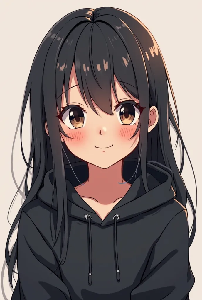 Logo for my YouTube channel of a anime character black hoodie , tan skin, black hair, long hair , blush smiling 